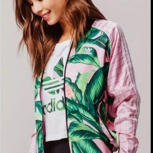 adidas Pink Bomber Jacket with Green Tropical Leaf Print